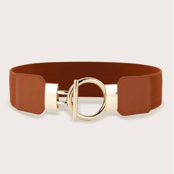 Brown Ring Metal Buckle Elastic Belt - Picture 1 of 7